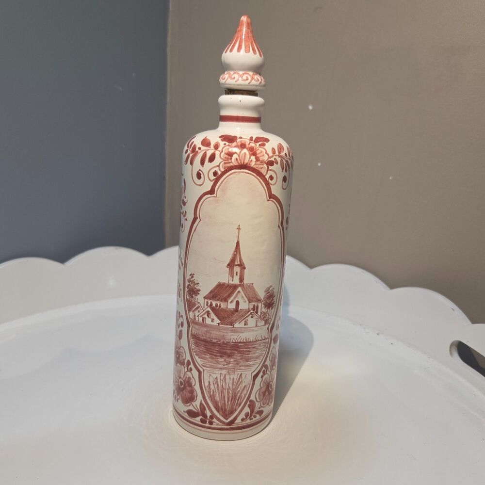 Vintage Oud Delft Red Hand Painted Decanter Bottle with Stopper Made in Holland
